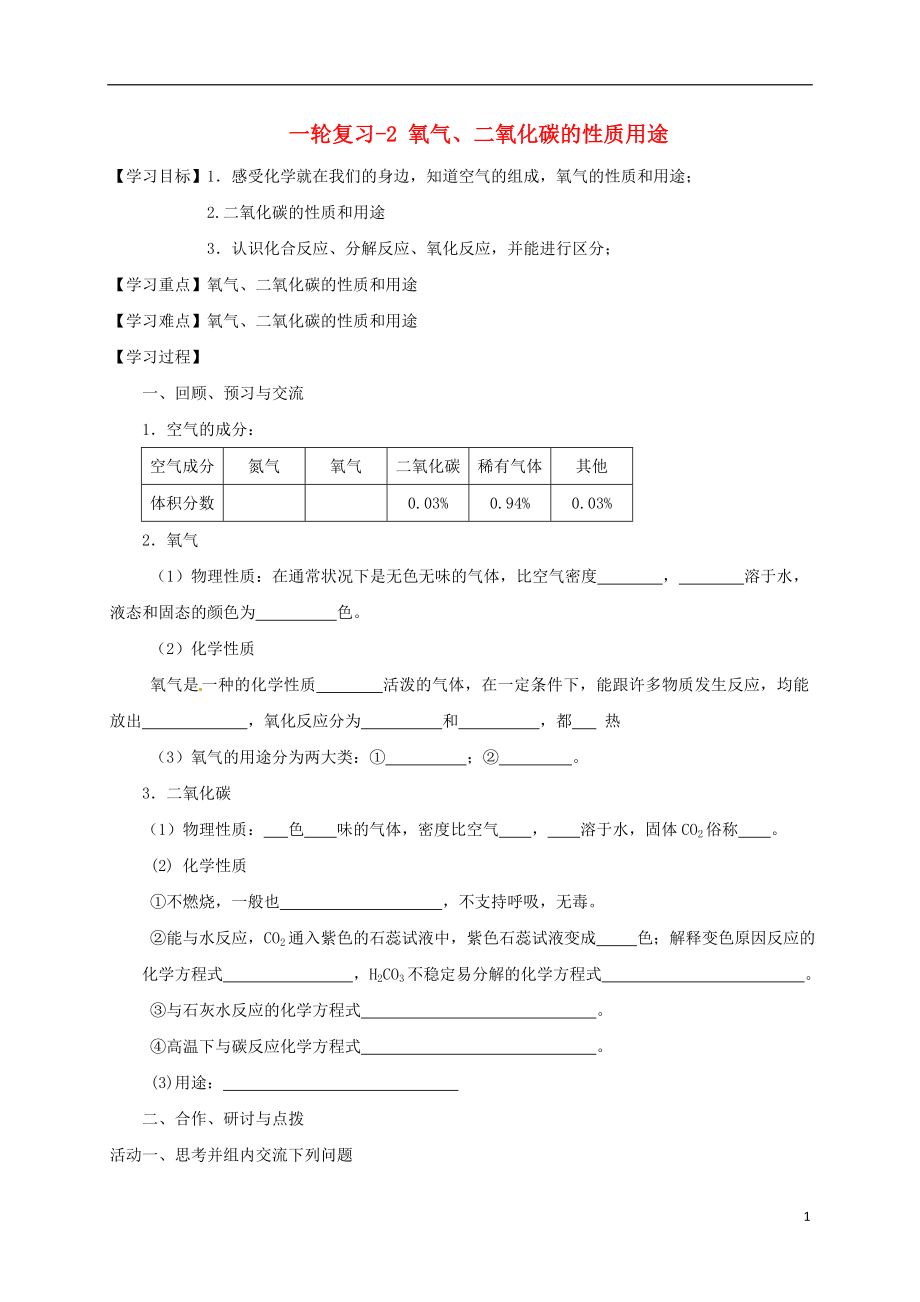 江蘇省揚州市高郵市車邏鎮(zhèn)2017屆中考化學一輪復習 2《氧氣、二氧化碳的性質(zhì)用途教》學案（無答案） 滬教版_第1頁