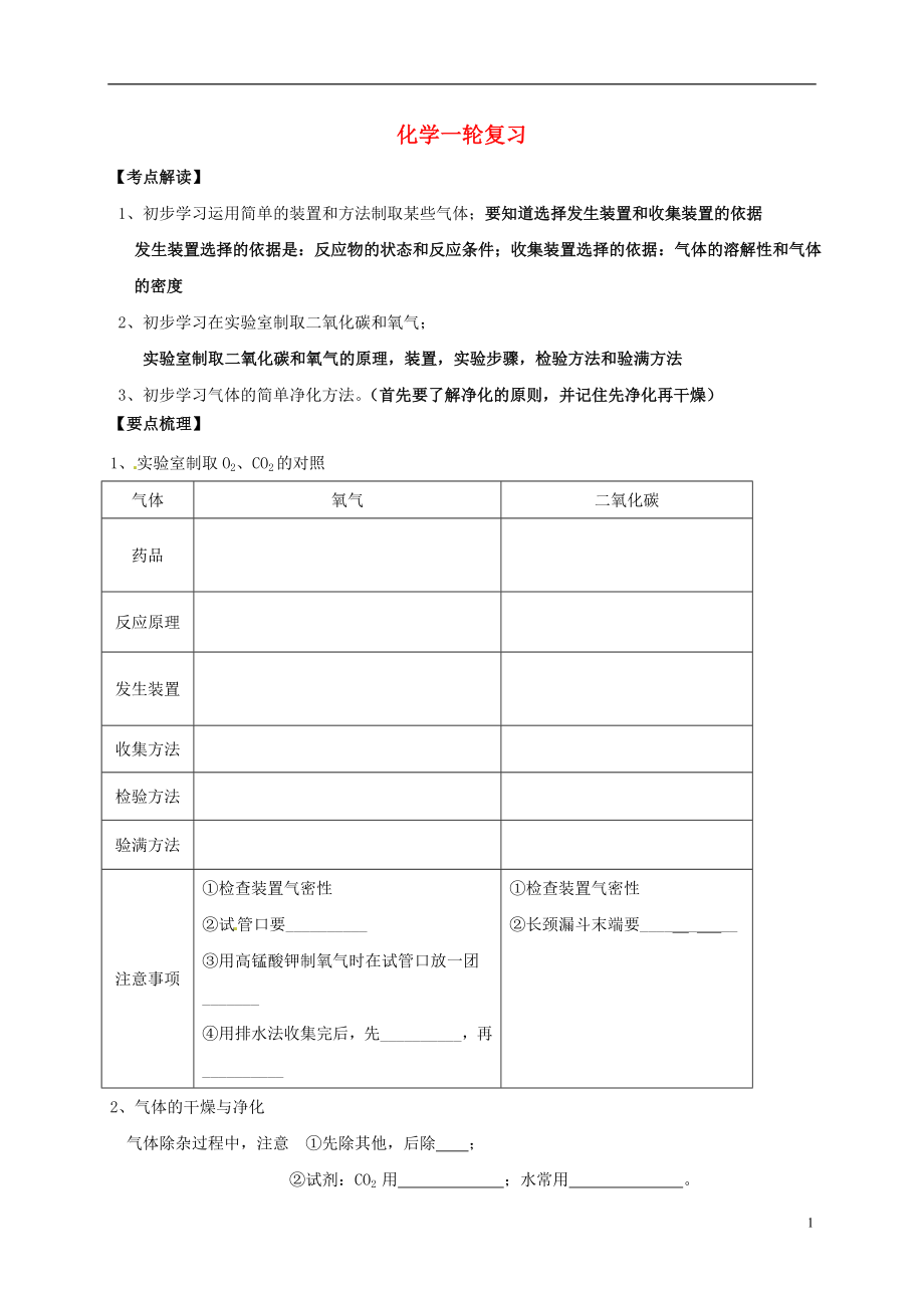 江蘇省鹽城市濱海縣2018屆中考化學一輪復習 氣體的制取和凈化導學案（無答案）_第1頁