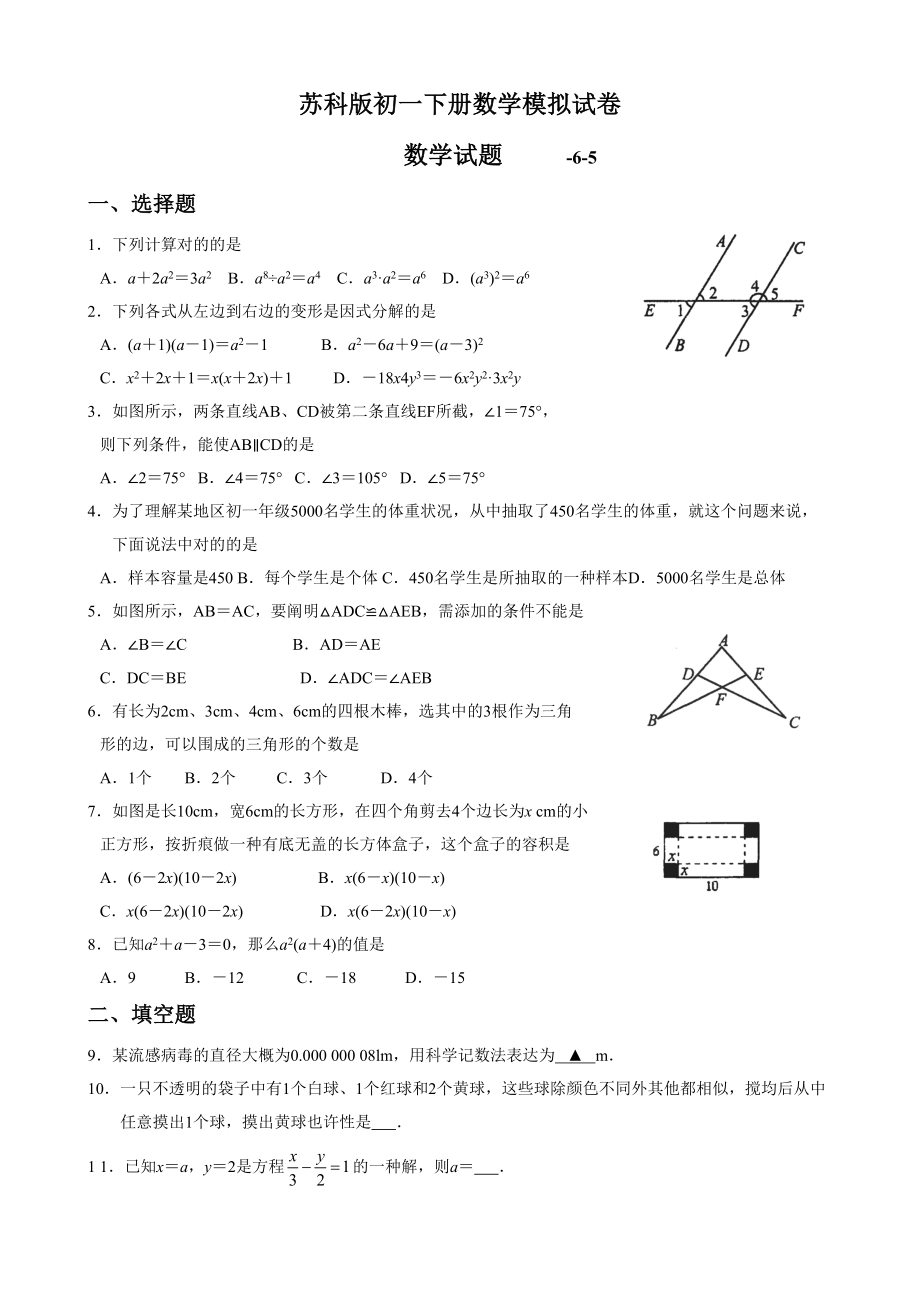 苏科版初一下册数学期末模拟试卷_第1页