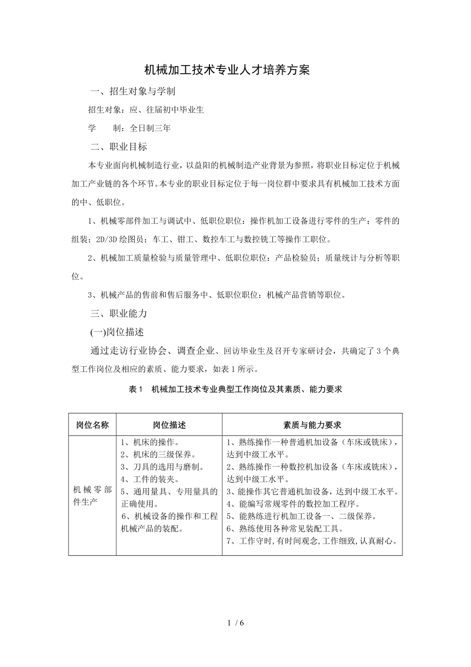 机械加工技术专业人才培养方案 (2)_第1页