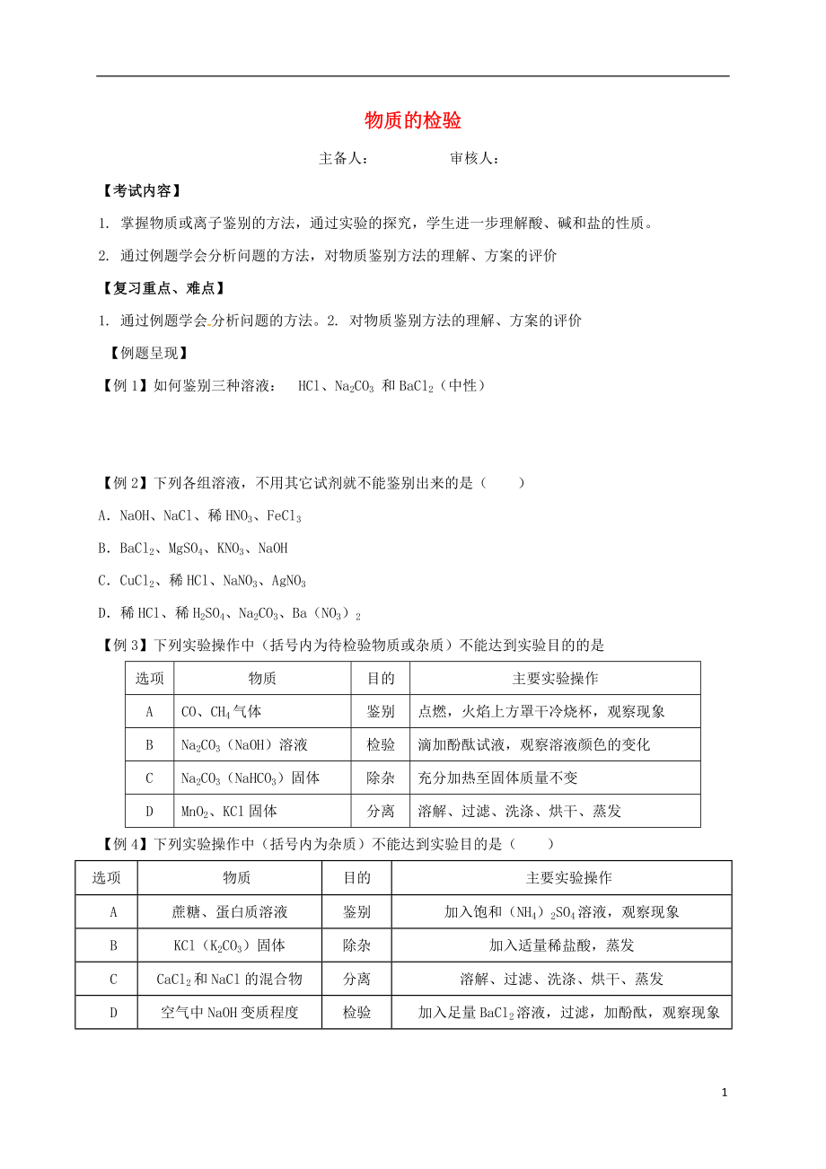 江蘇省句容市2018屆中考化學(xué)一輪復(fù)習(xí) 物質(zhì)的檢驗(yàn)學(xué)案（無答案）_第1頁