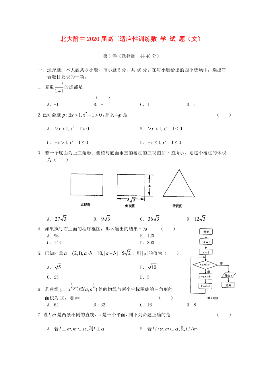 北京大学附中高三数学适应性训练文无答案_第1页