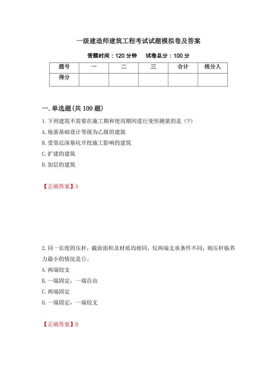 一级建造师建筑工程考试试题模拟卷及答案[100]_第1页