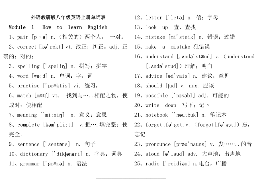 外研社版 8上 英語單詞表 (中英帶音標)_第1頁