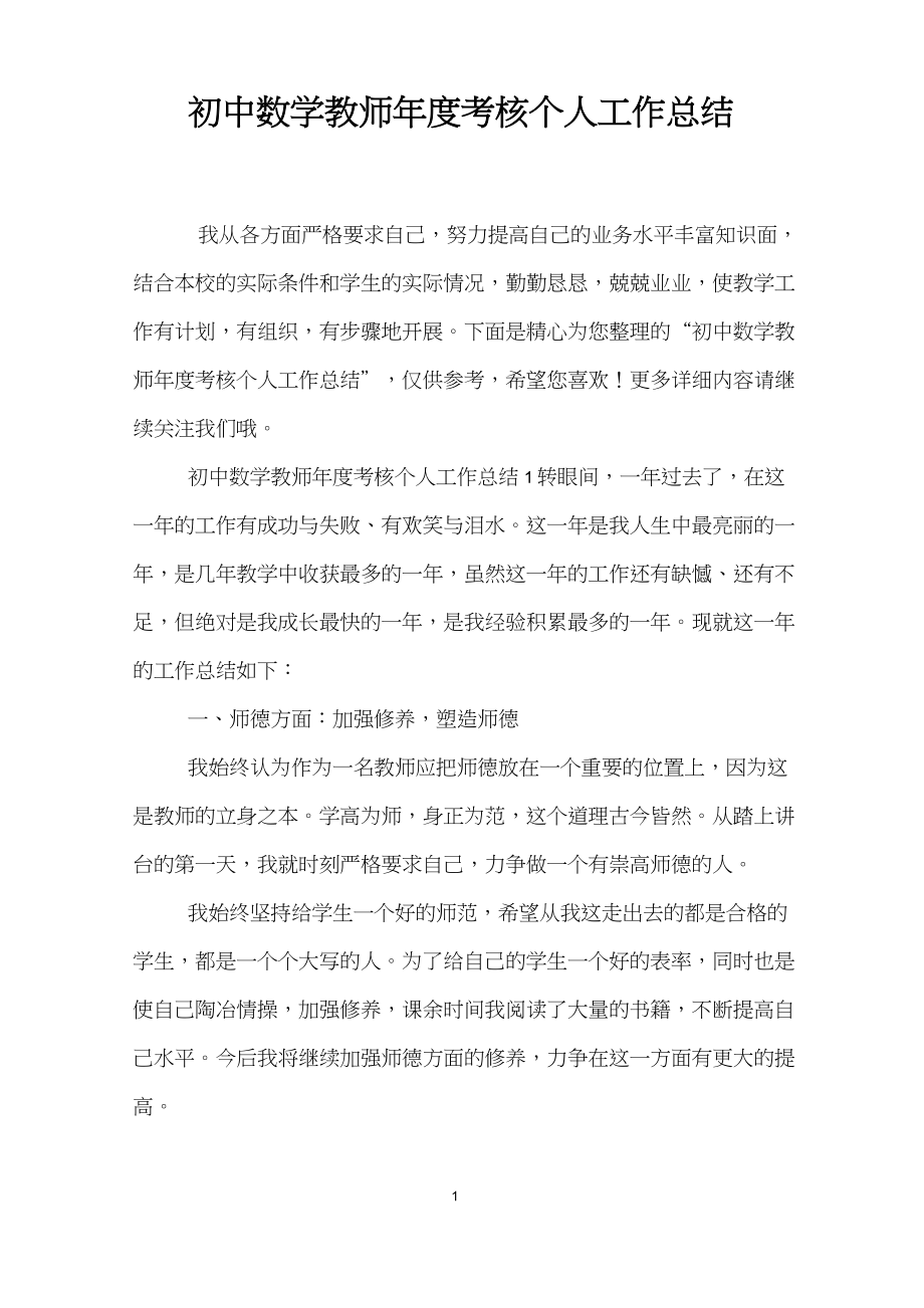 初中数学教师年度考核个人工作总结_第1页