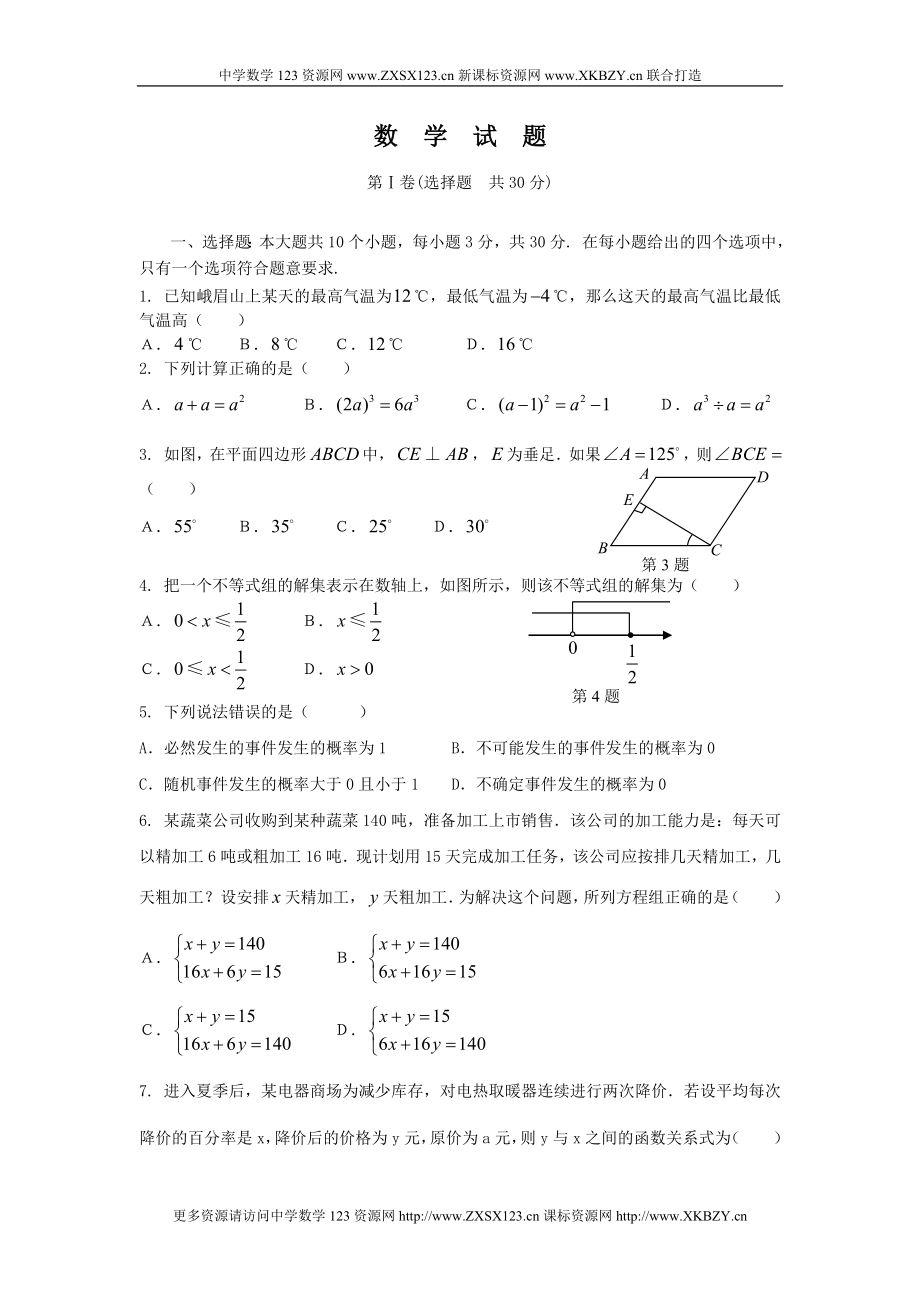 中考数学摸底考试试题人教版_第1页
