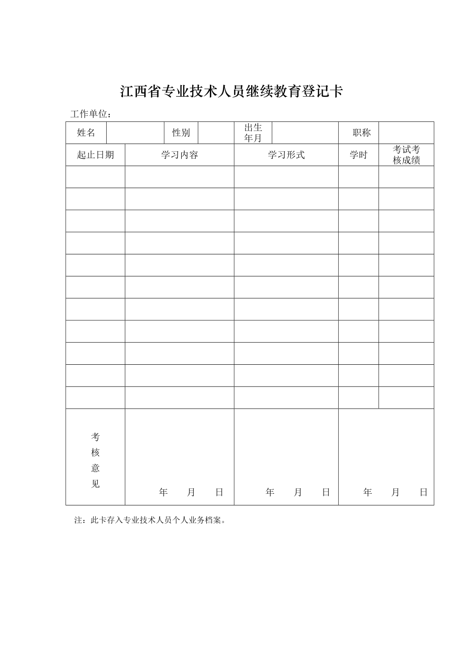 江西省专业技术人员继续教育登记卡_第1页