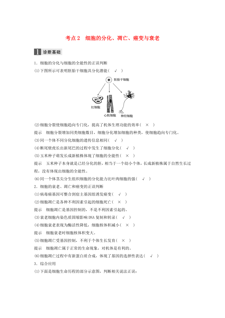 浙江選考高三生物二輪專題復(fù)習(xí)專題四細(xì)胞的生命歷程含減數(shù)分裂染色體學(xué)說考點(diǎn)2細(xì)胞的分化凋亡癌變與衰老學(xué)案新人教版_第1頁