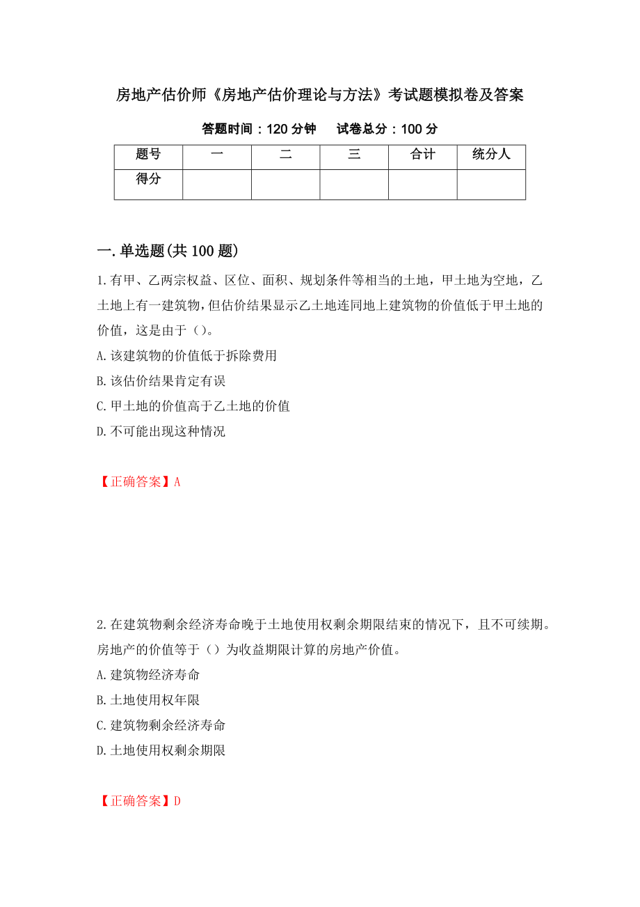 房地产估价师《房地产估价理论与方法》考试题模拟卷及答案（第6次）_第1页