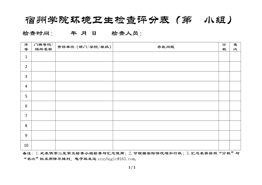 宿州学院环境卫生检查评分表（第小组）_第1页