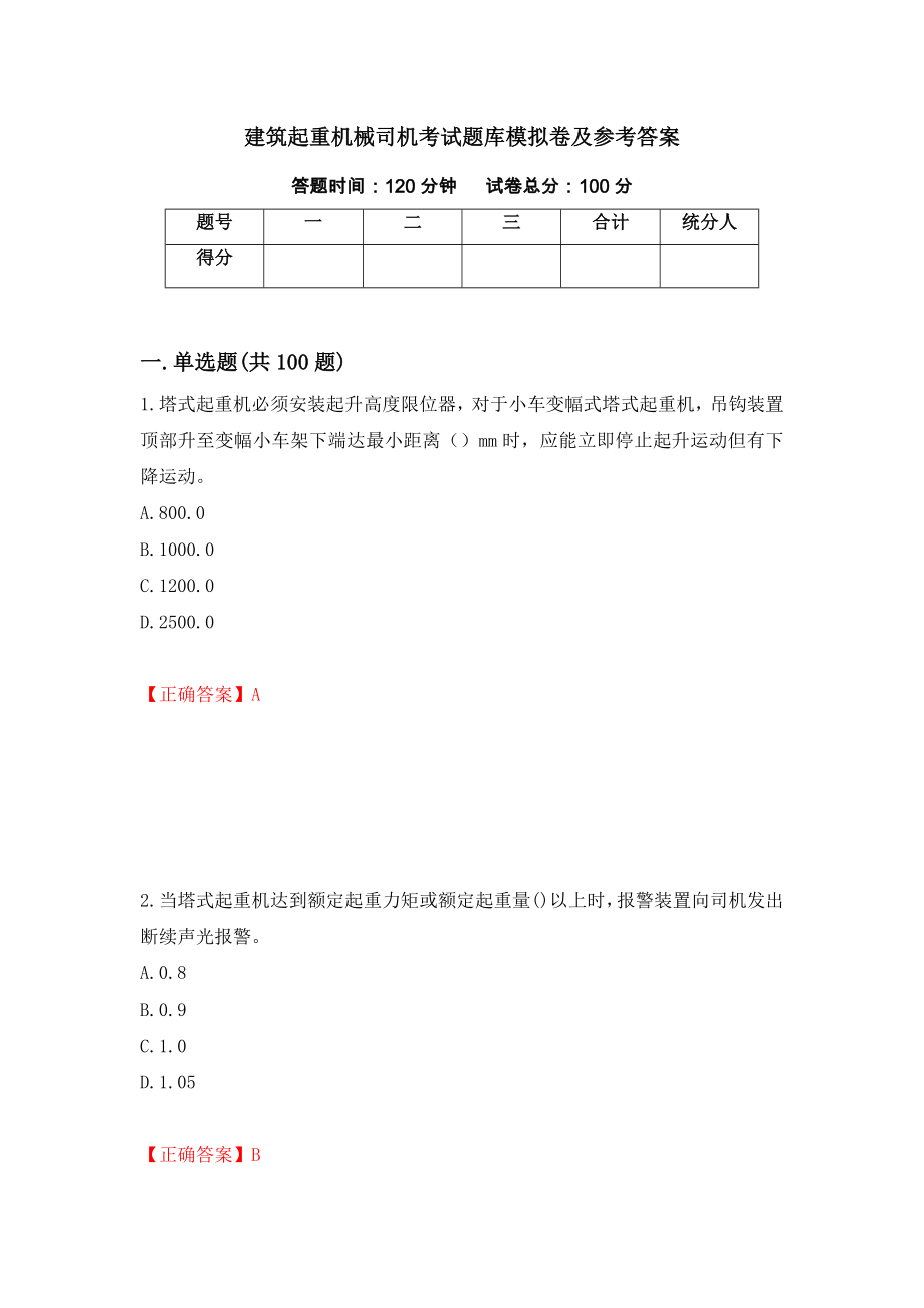 建筑起重机械司机考试题库模拟卷及参考答案（第24次）_第1页