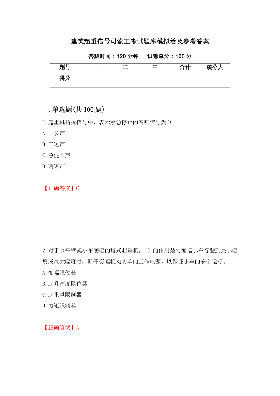 建筑起重信号司索工考试题库模拟卷及参考答案（第9套）_第1页