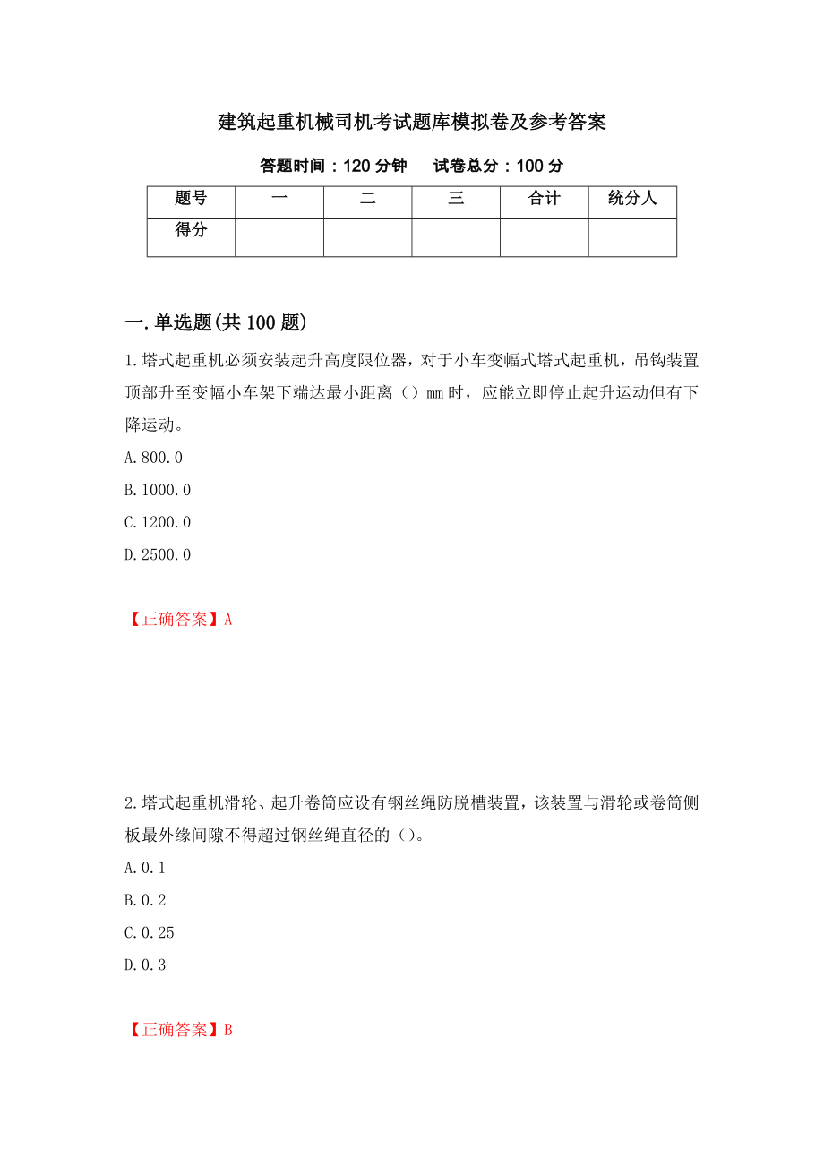 建筑起重机械司机考试题库模拟卷及参考答案（第52次）_第1页