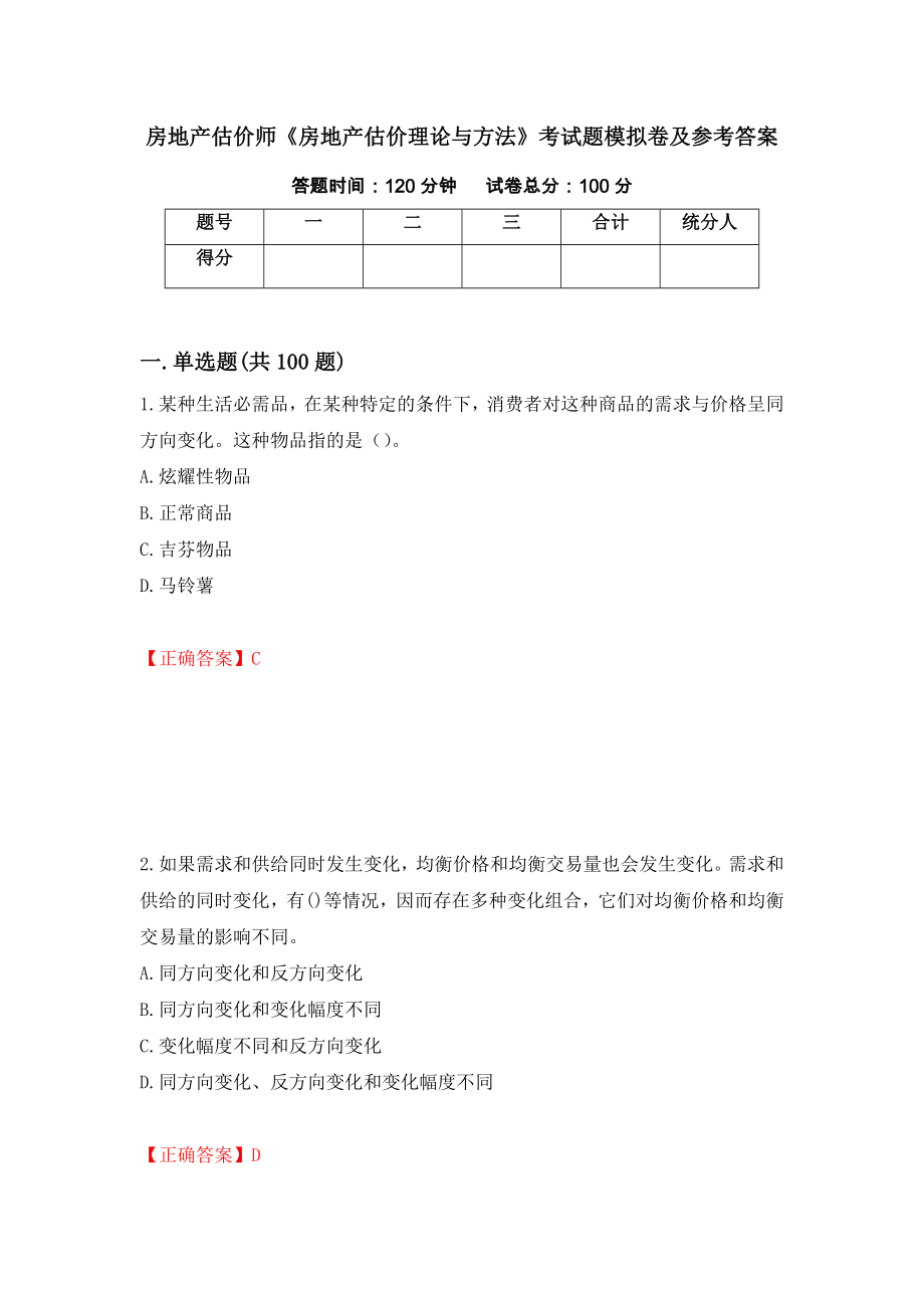 房地产估价师《房地产估价理论与方法》考试题模拟卷及参考答案（第77次）_第1页