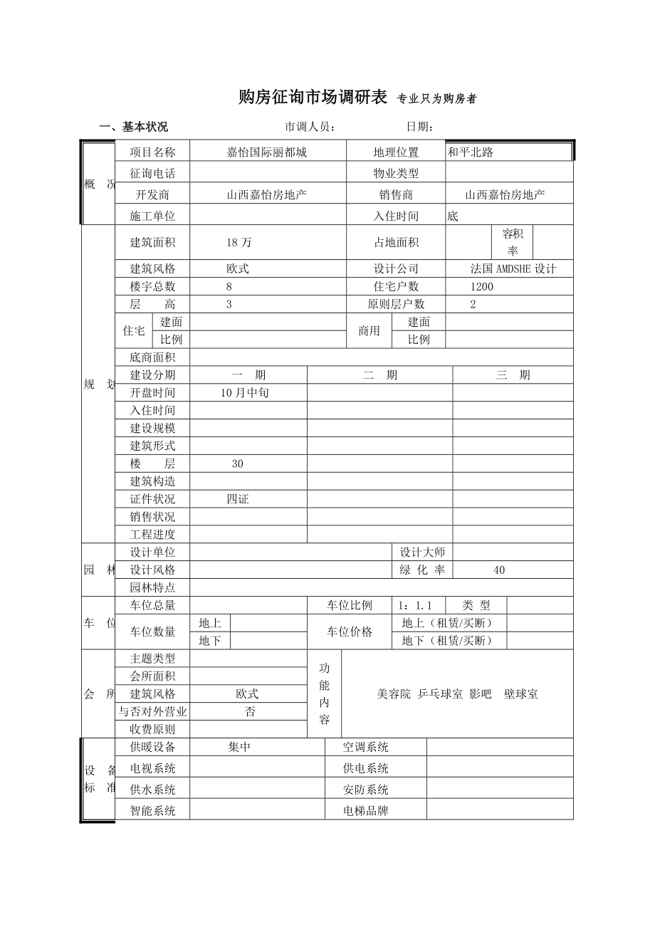 嘉怡国际丽都市场调查表_第1页