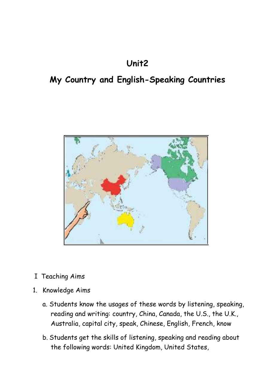 五年级上册英语教案－ Unit2 My Country and English-Speaking Countries冀教版（三起）英文版_第1页