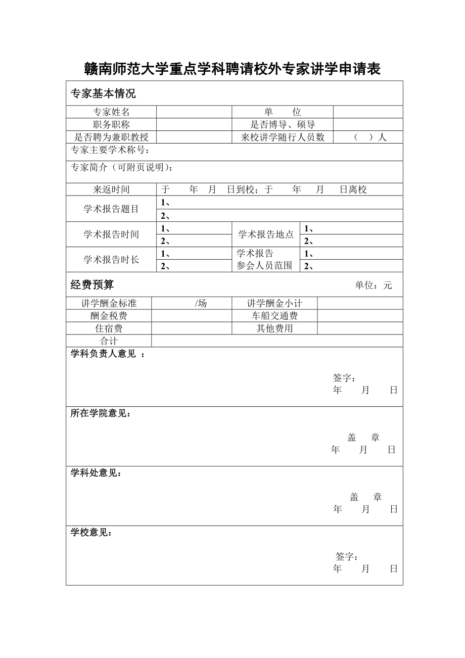 赣南师范大学重点学科聘请校外专家讲学申请表_第1页