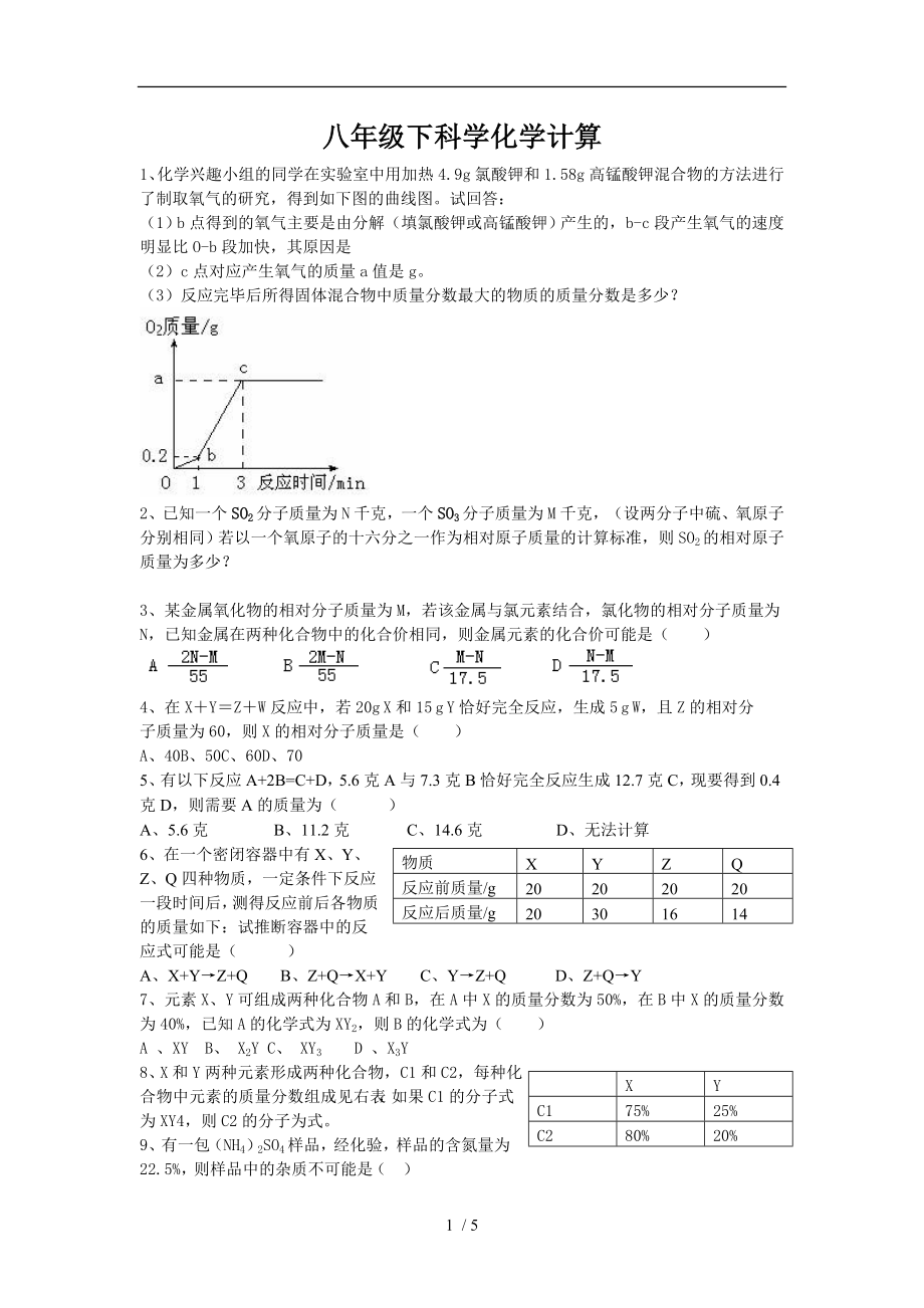 八年级下科学化学计算难题汇编_第1页