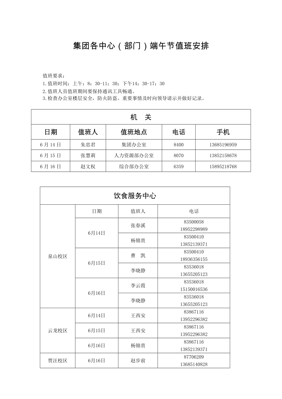 集团各中心（部门）端午节值班安排_第1页