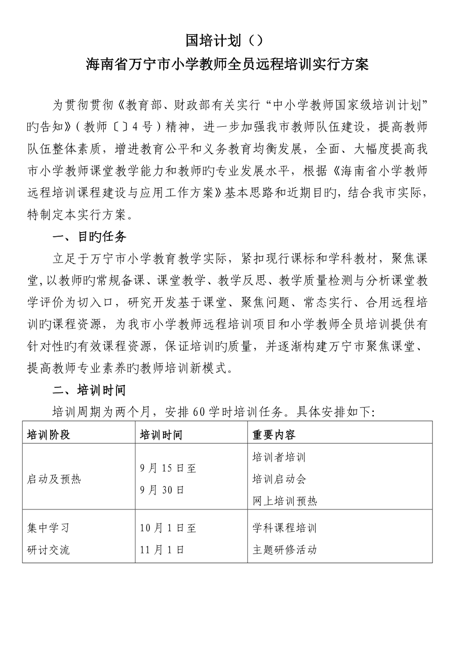国培计划-海南省万宁市小学教师全员远程培训实施方案(2)_第1页