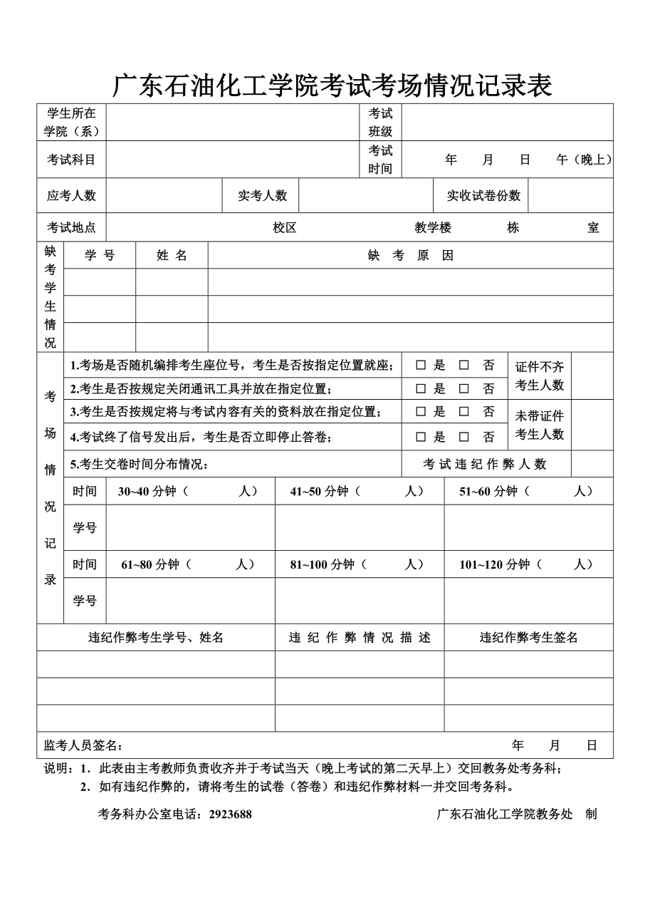 广东石油化工学院考试考场情况记录表_第1页