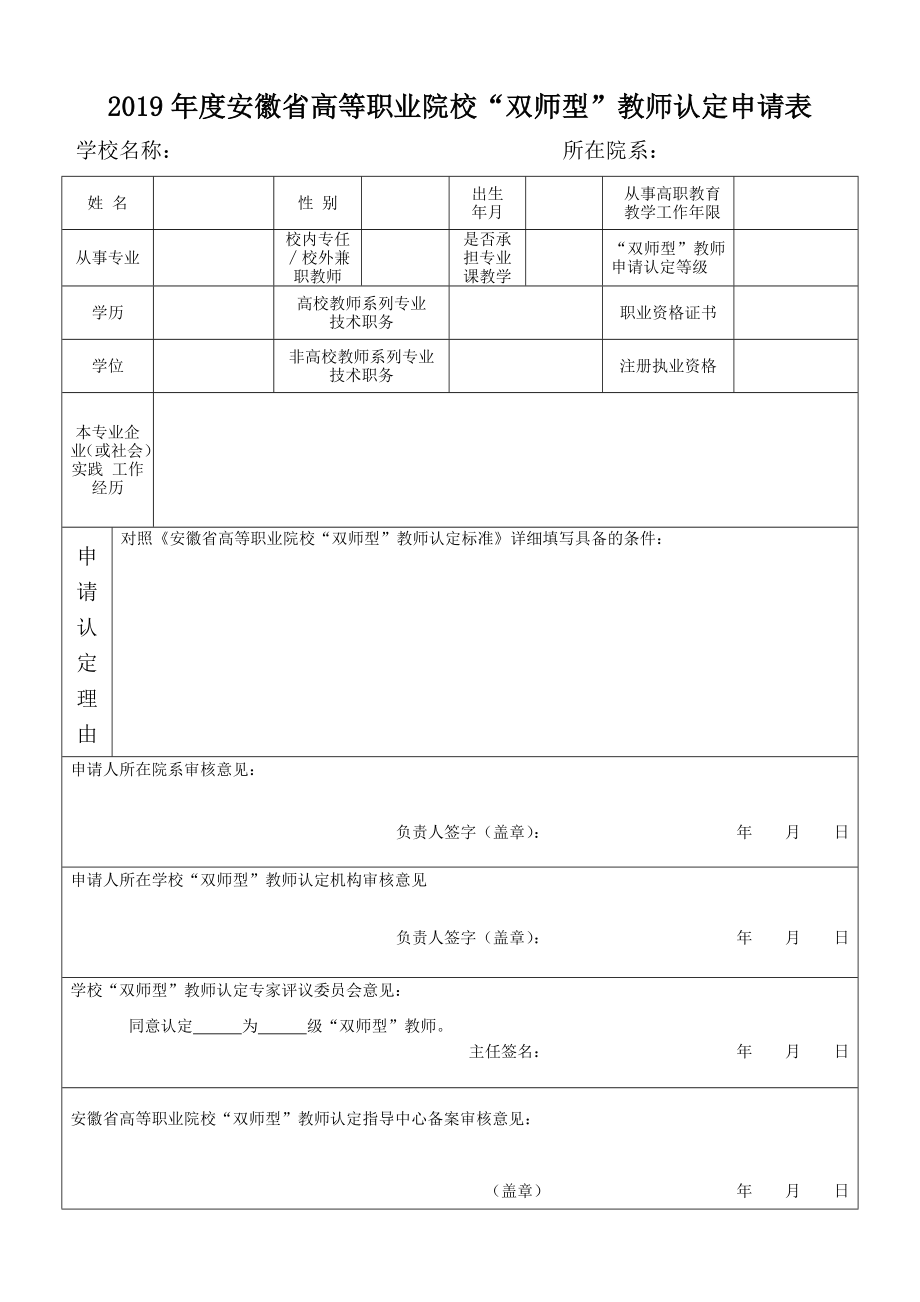 2019年度安徽省高等职业院校双师型教师认定申请表_第1页