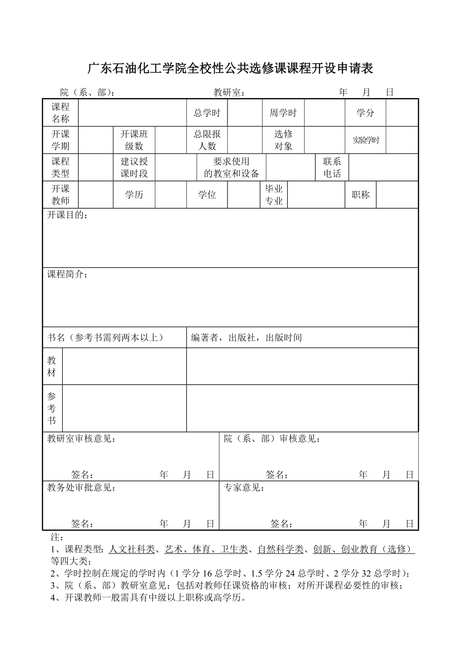 广东石油化工学院全校性公共选修课课程开设申请表_第1页