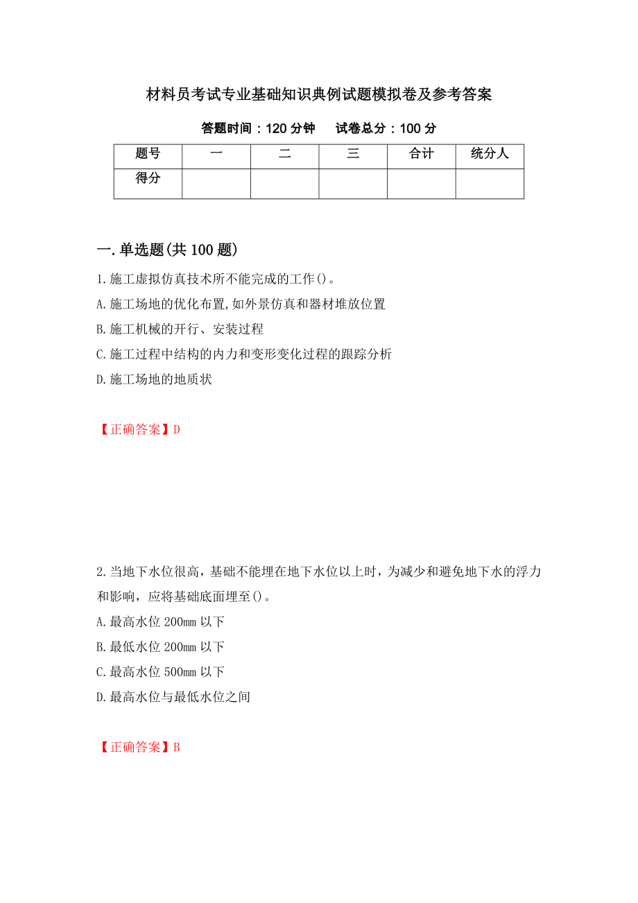 材料员考试专业基础知识典例试题模拟卷及参考答案（第7期）_第1页