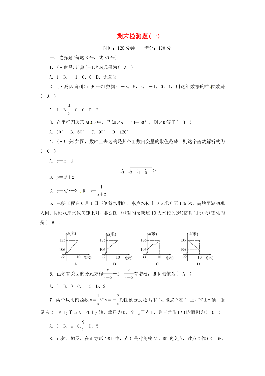 八年级数学下册期末检测题一新版华东师大版_第1页