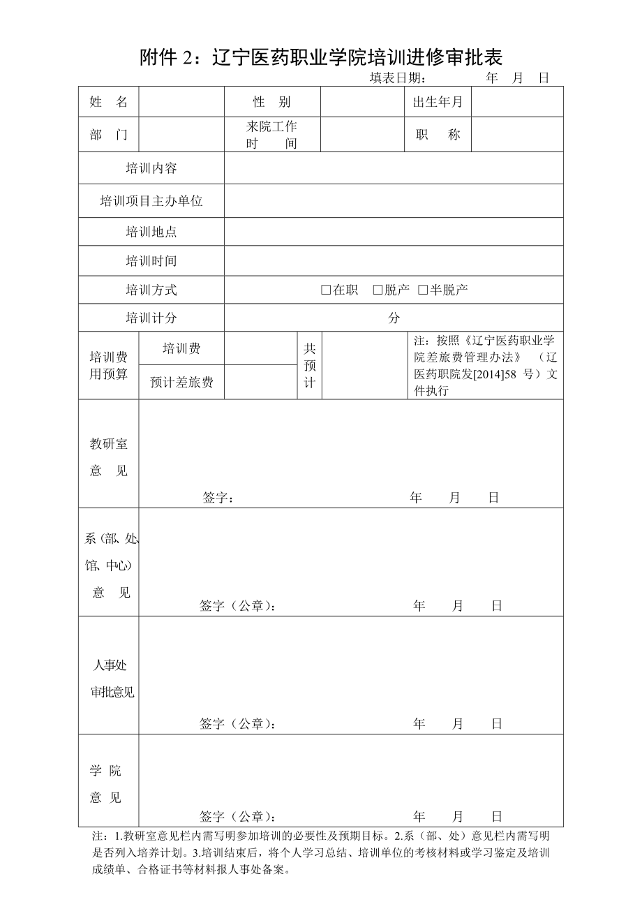 辽宁医药职业学院培训进修审批表_第1页