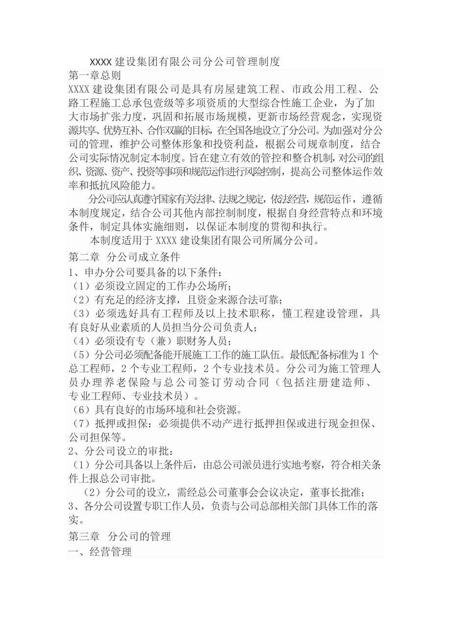 XX建设集团有限公司分公司管理制度_第1页