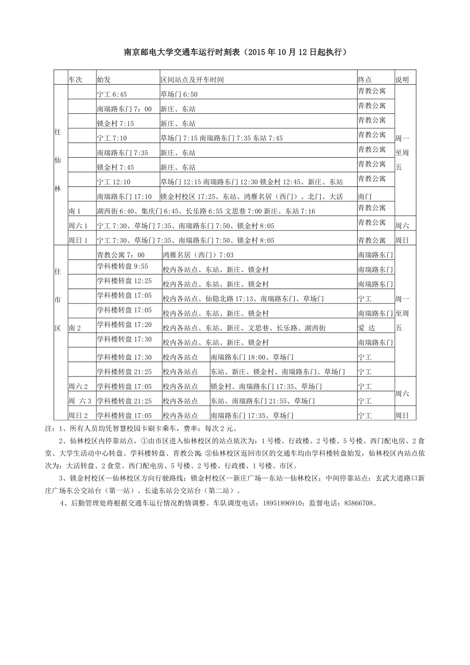 南京邮电大学交通车运行时刻表（2015年10月12日起执行）_第1页