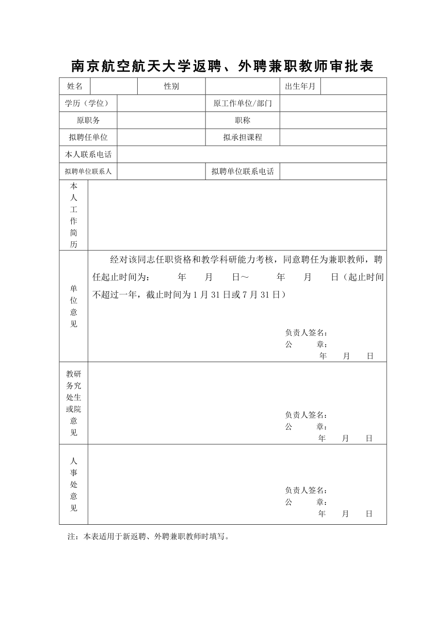 南京航空航天大学返聘、外聘兼职教师审批表_第1页