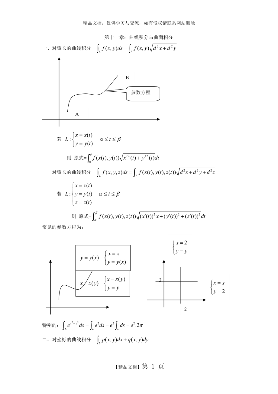 曲线积分与曲面积分总结_第1页