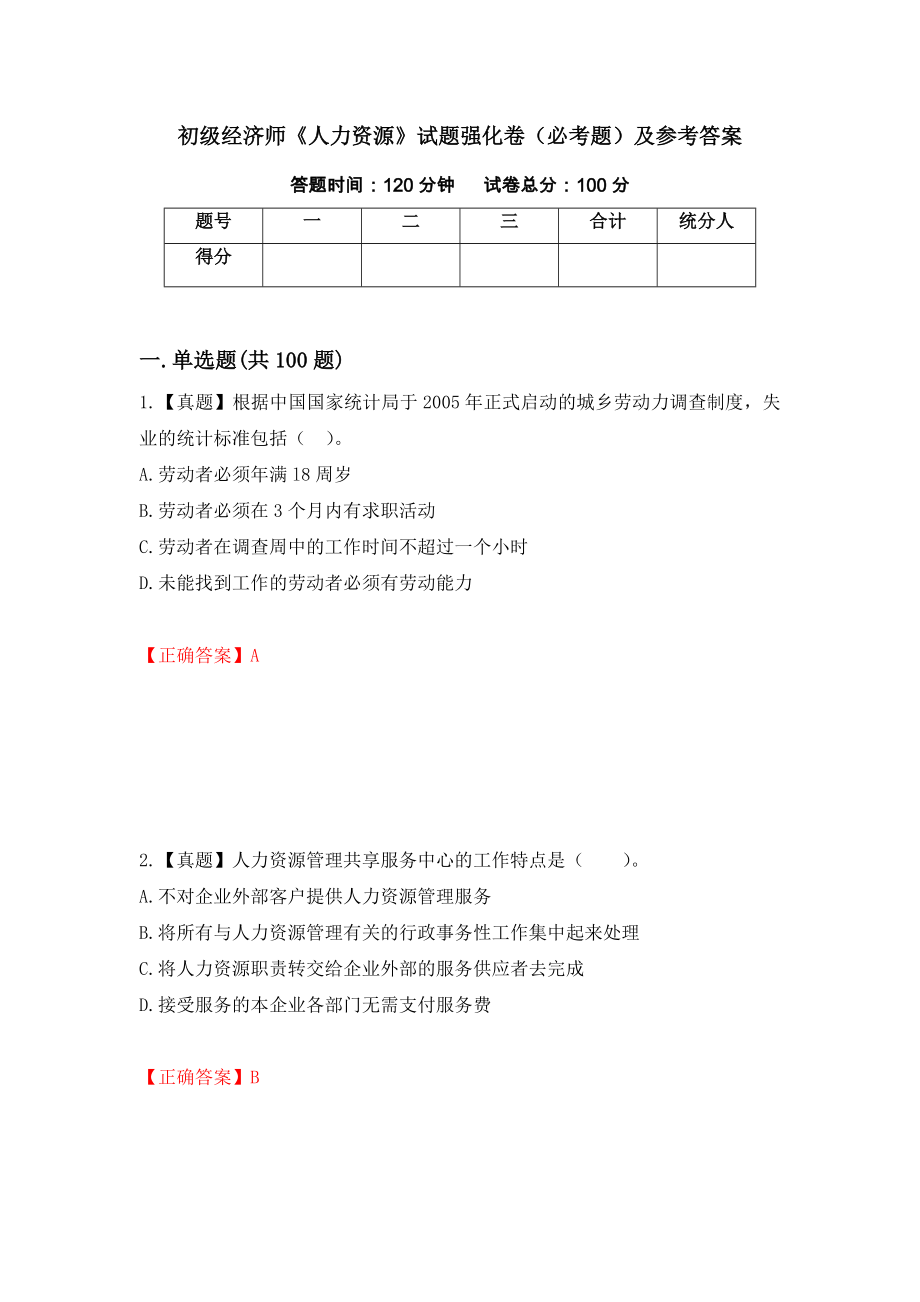 （职业考试）初级经济师《人力资源》试题强化卷（必考题）及参考答案45_第1页