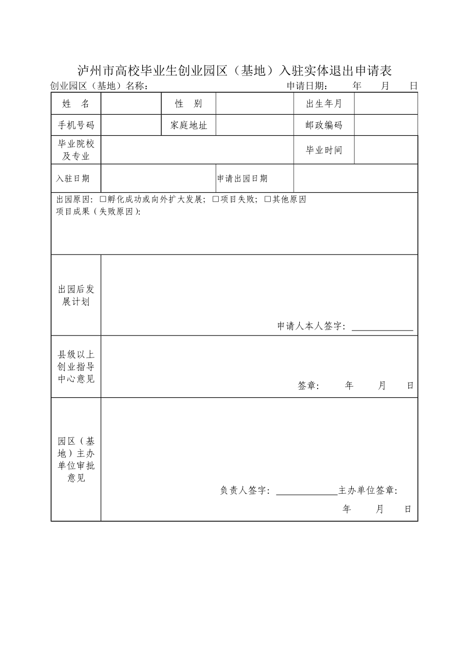 泸州市高校毕业生创业园区（基地）入驻实体退出申请表_第1页