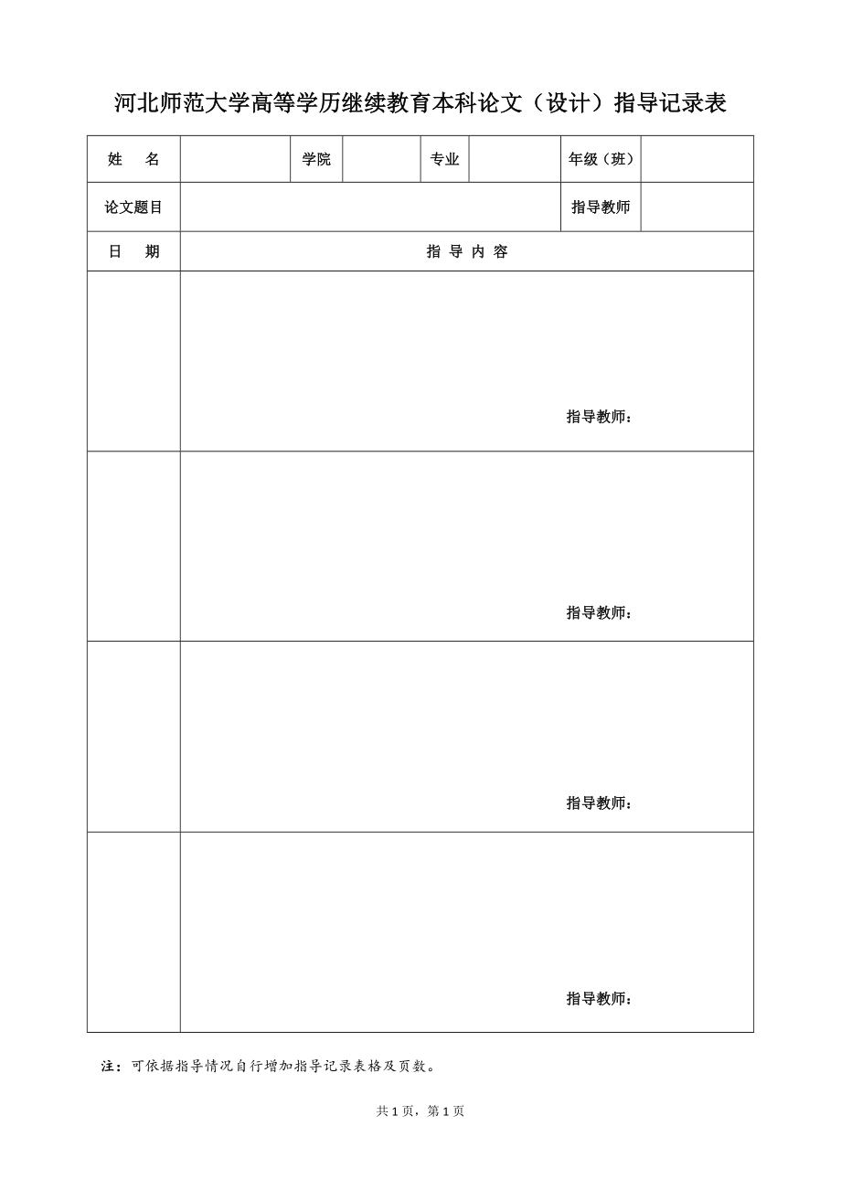 河北师范大学高等学历继续教育本科论文（设计）指导记录表_第1页
