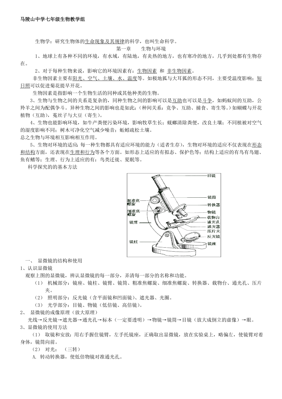 蘇科版七年級上冊生物復(fù)習(xí)提綱 (2)_第1頁