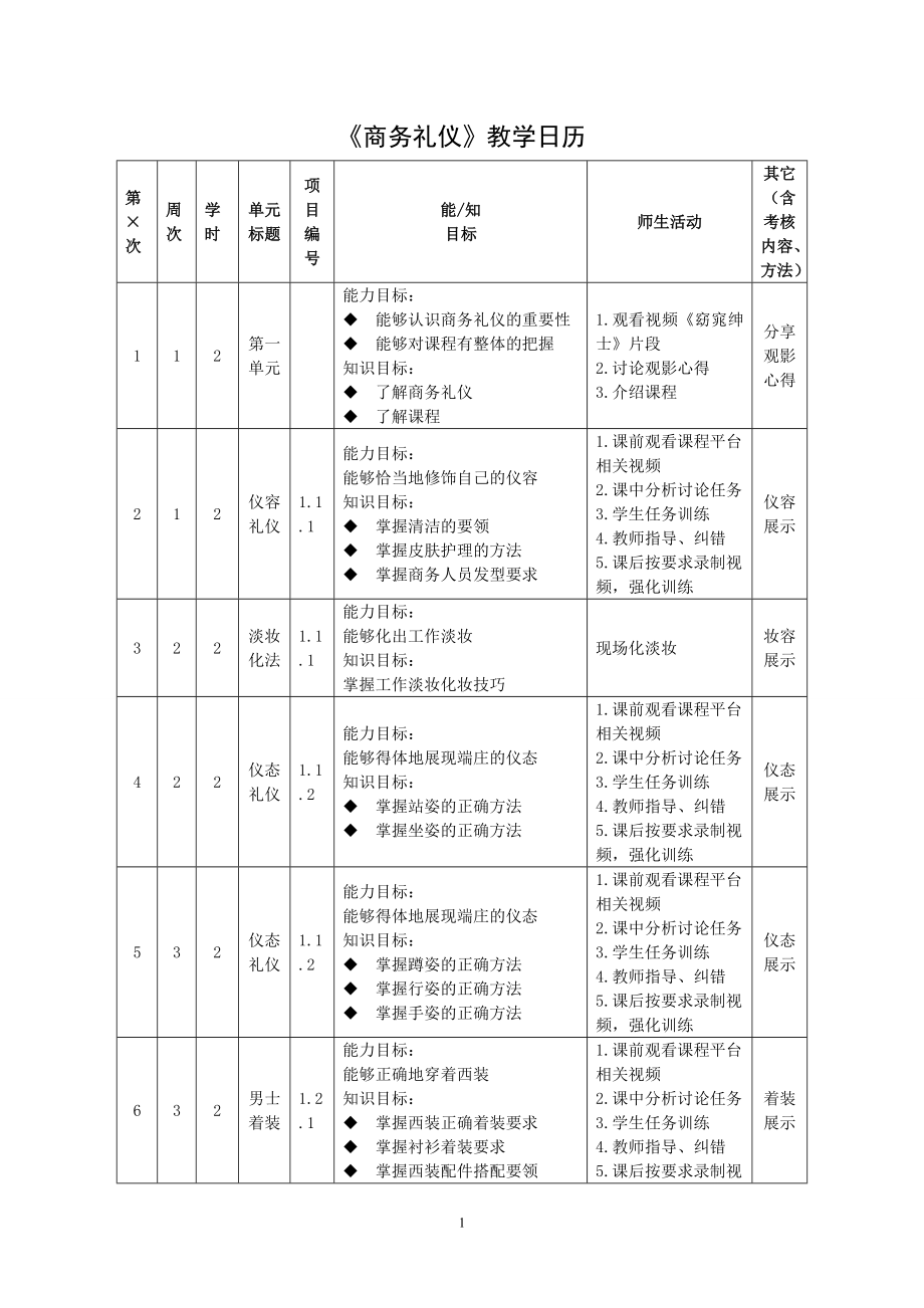 商务礼仪第3版授课计划课程整体设计教学计划教学日历_第1页