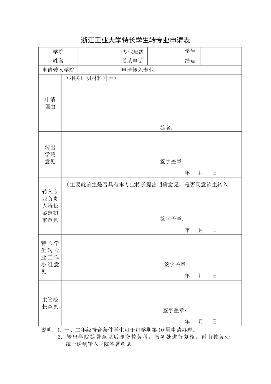 浙江工业大学特长学生转专业申请表_第1页