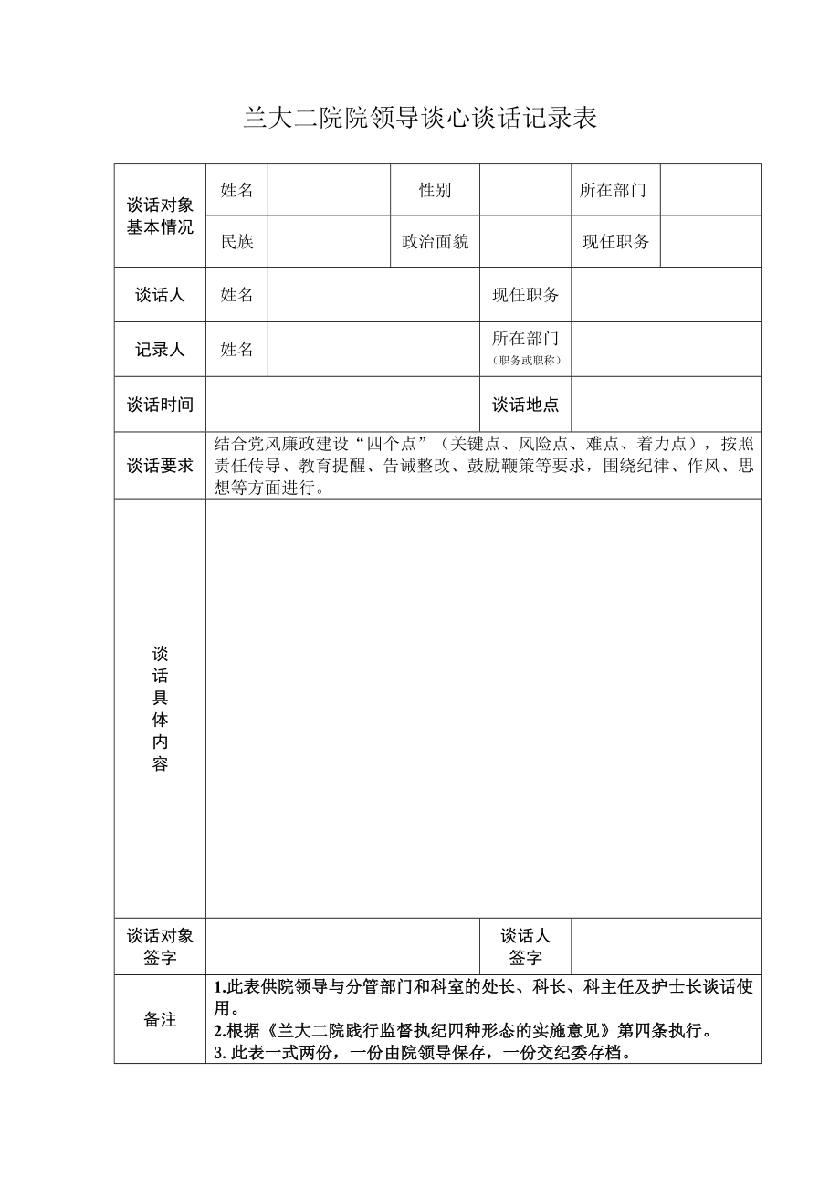 兰大二院院领导谈心谈话记录表_第1页