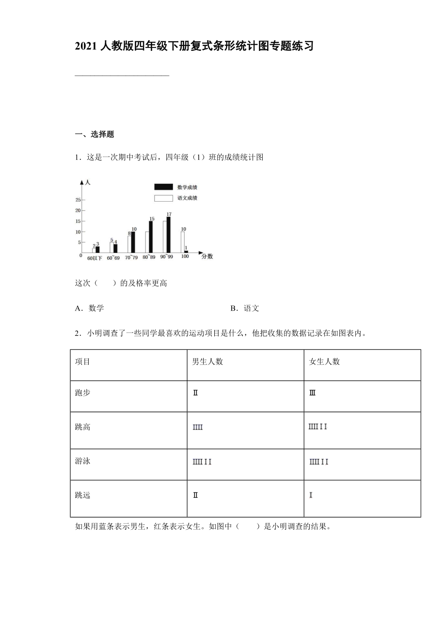 四年級(jí)下冊數(shù)學(xué)試題 - 復(fù)式條形統(tǒng)計(jì)圖專題練習(xí) 人教版【含答案】_第1頁