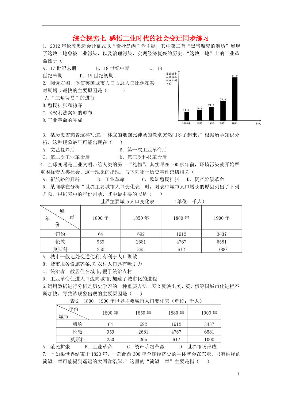 八年級(jí)歷史與社會(huì)下冊 第七單元 席卷全球的工業(yè)文明浪潮 綜合探究七《感悟工業(yè)時(shí)代的社會(huì)變遷》練習(xí)題 新人教版_第1頁