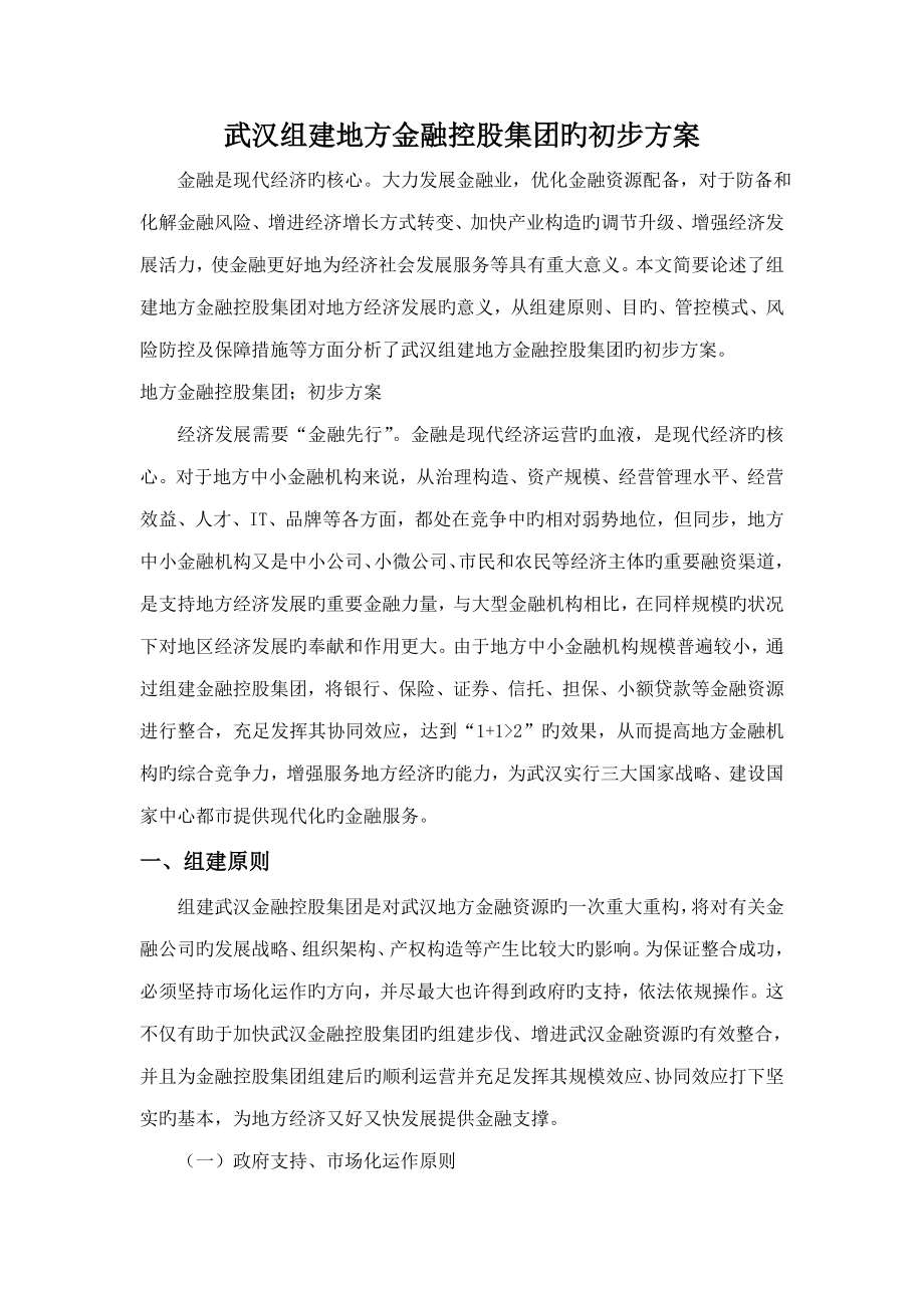 武汉组建地方金融控股集团的初步专题方案_第1页