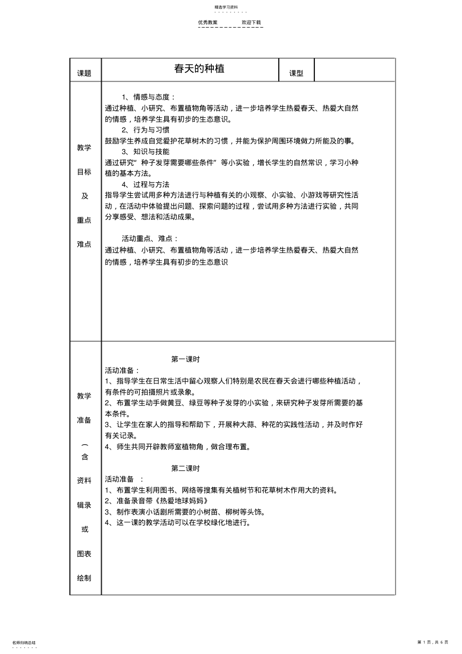 2022年二年級(jí)品生下冊《春天的種植》教案-蘇教版_第1頁