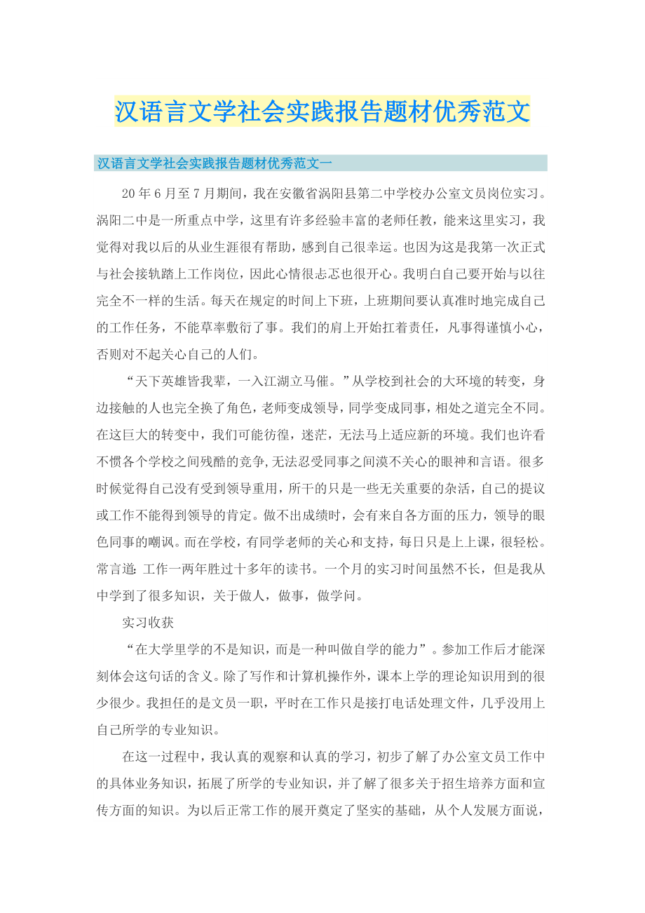汉语言文学社会实践报告题材优秀范文_第1页