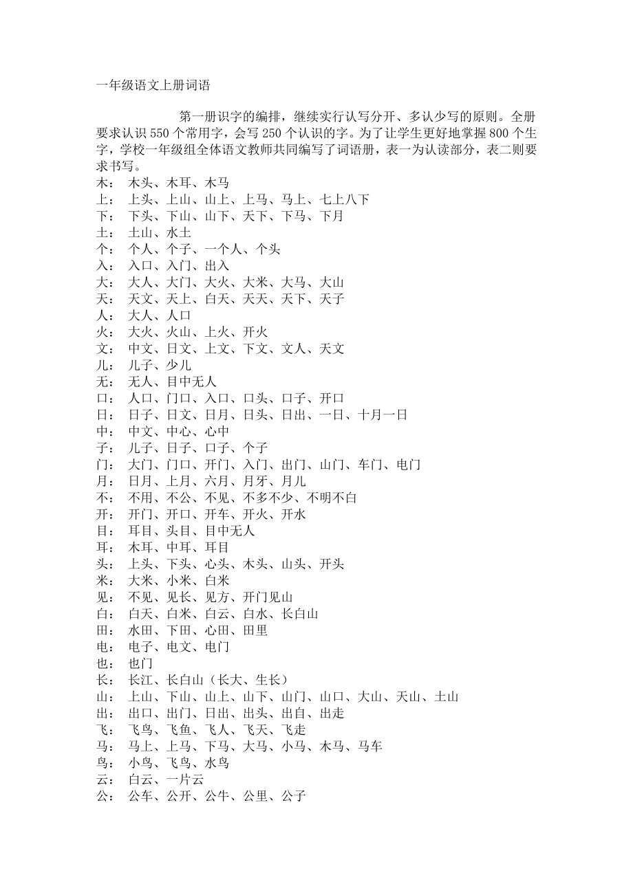 人教版语文一年级上册 词语表_第1页