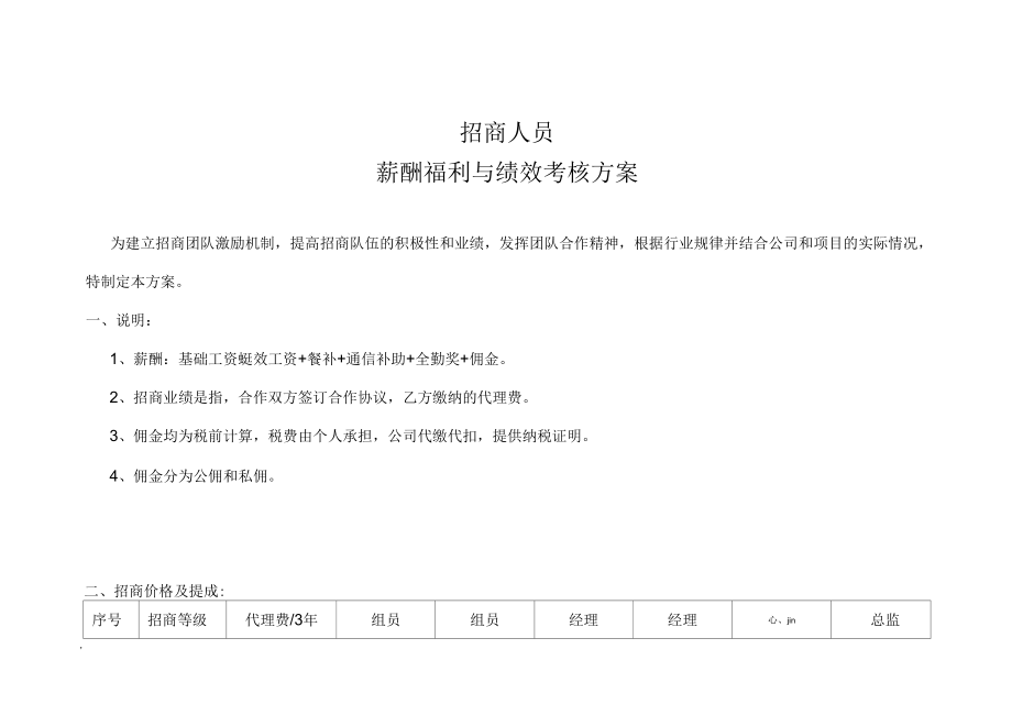 09招商人员薪酬福利与绩效考核方案_第1页