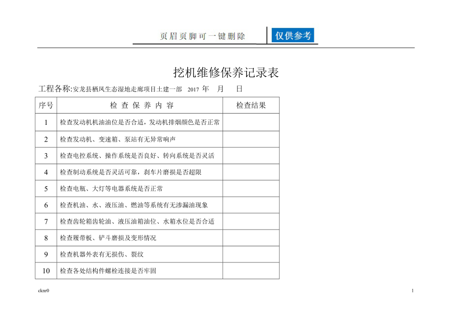 挖掘機日巡檢及維修保養(yǎng)記錄表【資料運用】_第1頁