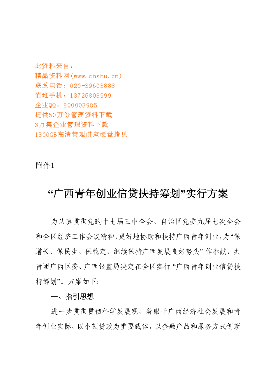 广西青年创业信贷扶持计划的实施方案_第1页